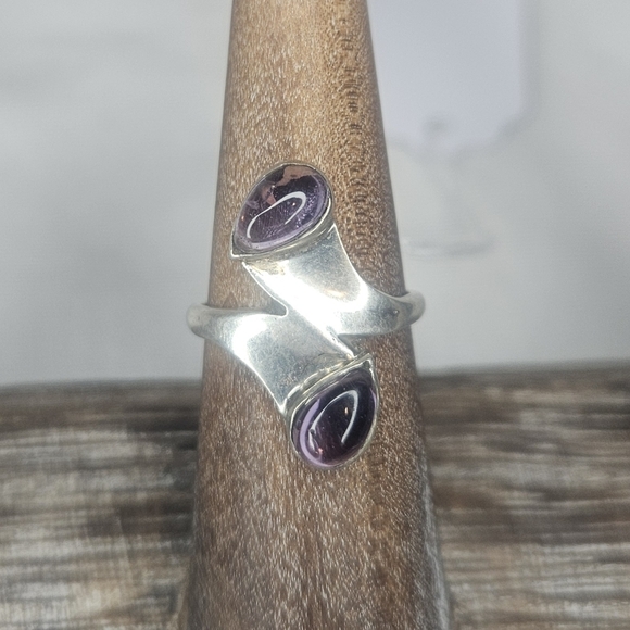 Vintage Sterling Silver Amethyst Ring Size 5 Art Deco Mid Century Statement Ring